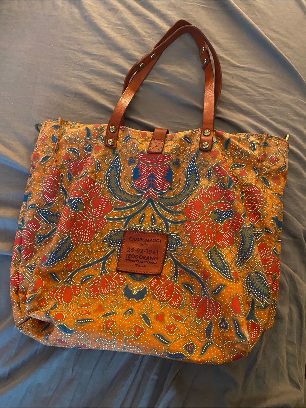 Campomaggi Orange Floral Canvas Tote with Brown Leather Handles